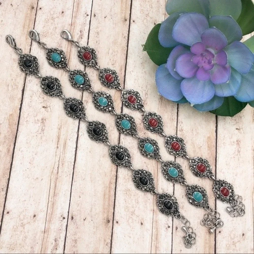 🌼 Hematite Vintage Look Blue Enamel Clasp Bracelet